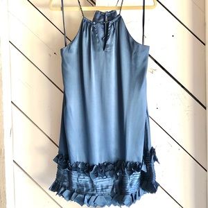 Blue Satin Cocktail Dress with Ruffle Hem